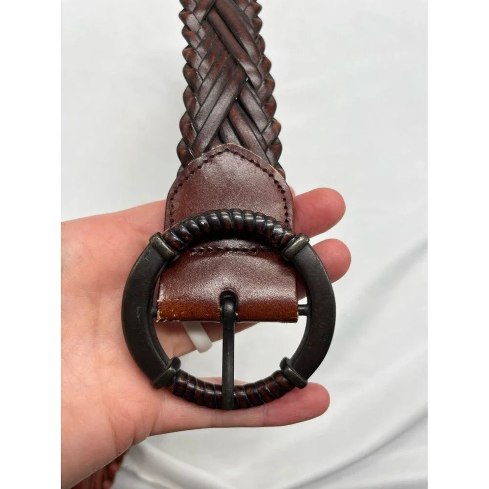 Brown Leather Woven Belt with Circular Metal Buckle